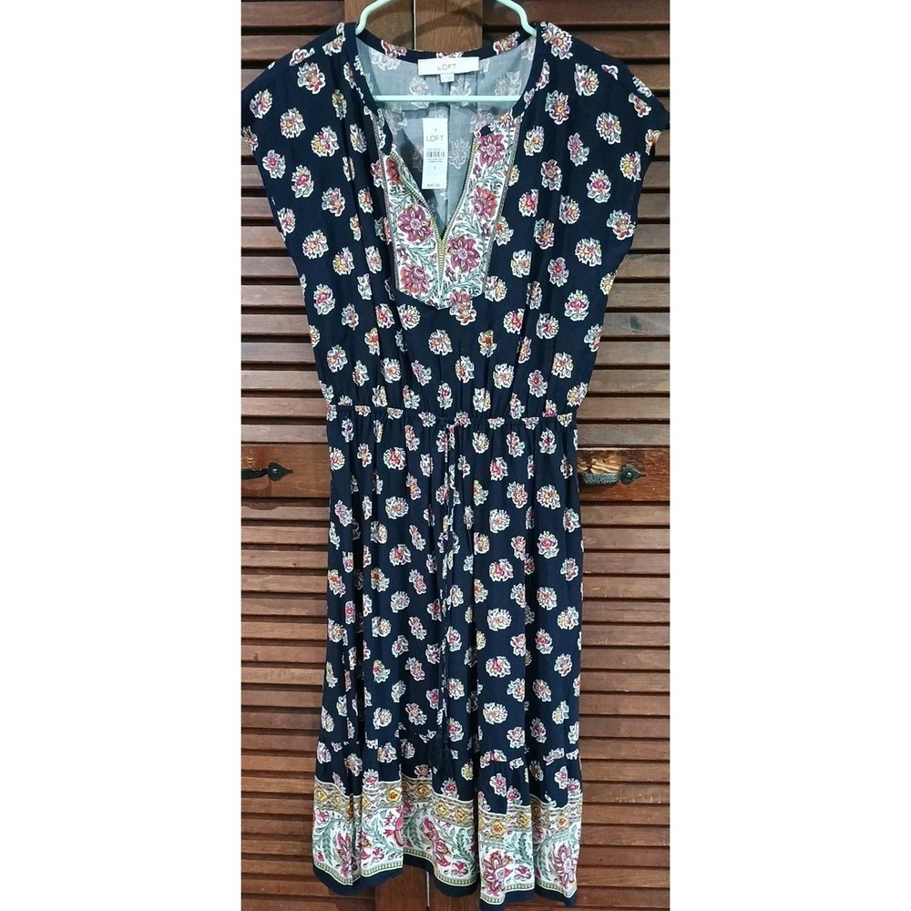 Loft Midi Dress Petite Medium PM Floral‎ Bohemian V-Neck Tassel Boho